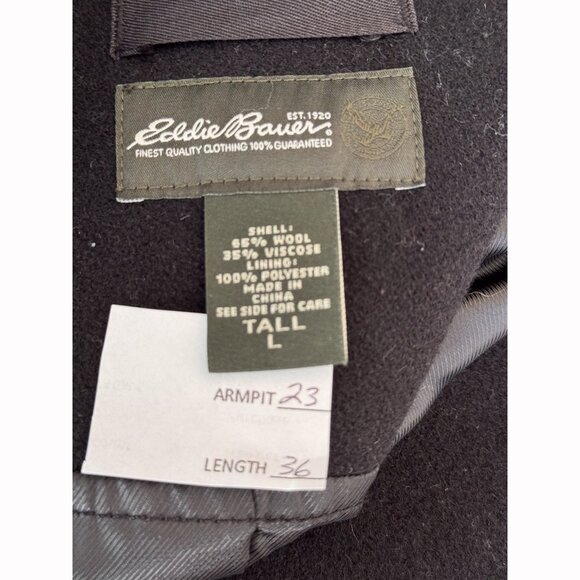 Eddie Bauer Peacoat Mens LT Tall Wool Blend Double Breasted Black Classic Prep - Picture 2 of 8